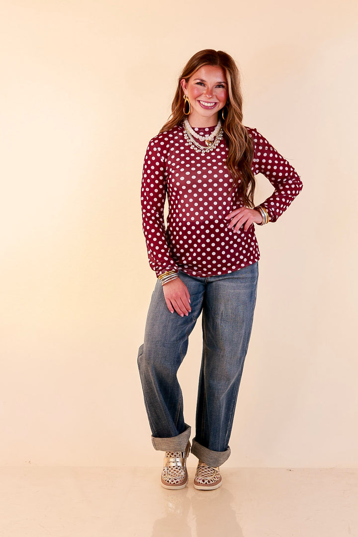The Perfect Layer White Polka Dot Print Sheer Mesh Long Sleeve Top in Maroon