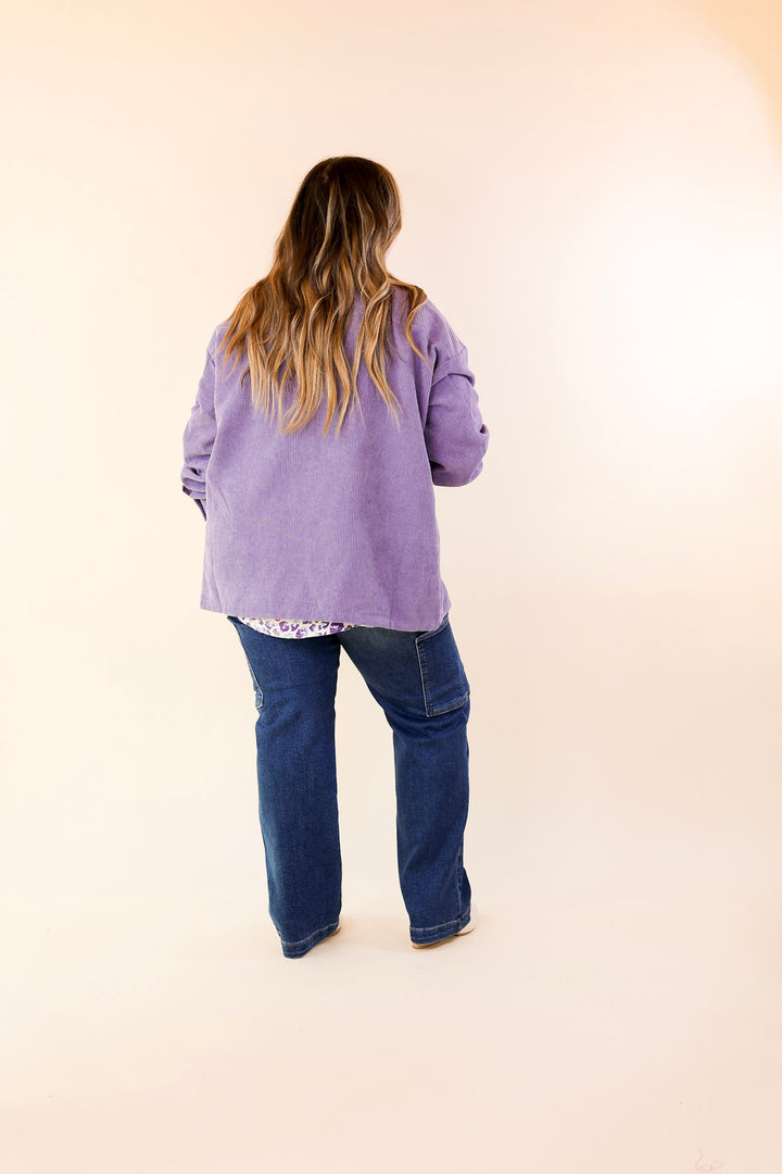 Latte Sips Button Up Corduroy Shacket in Dusty Purple