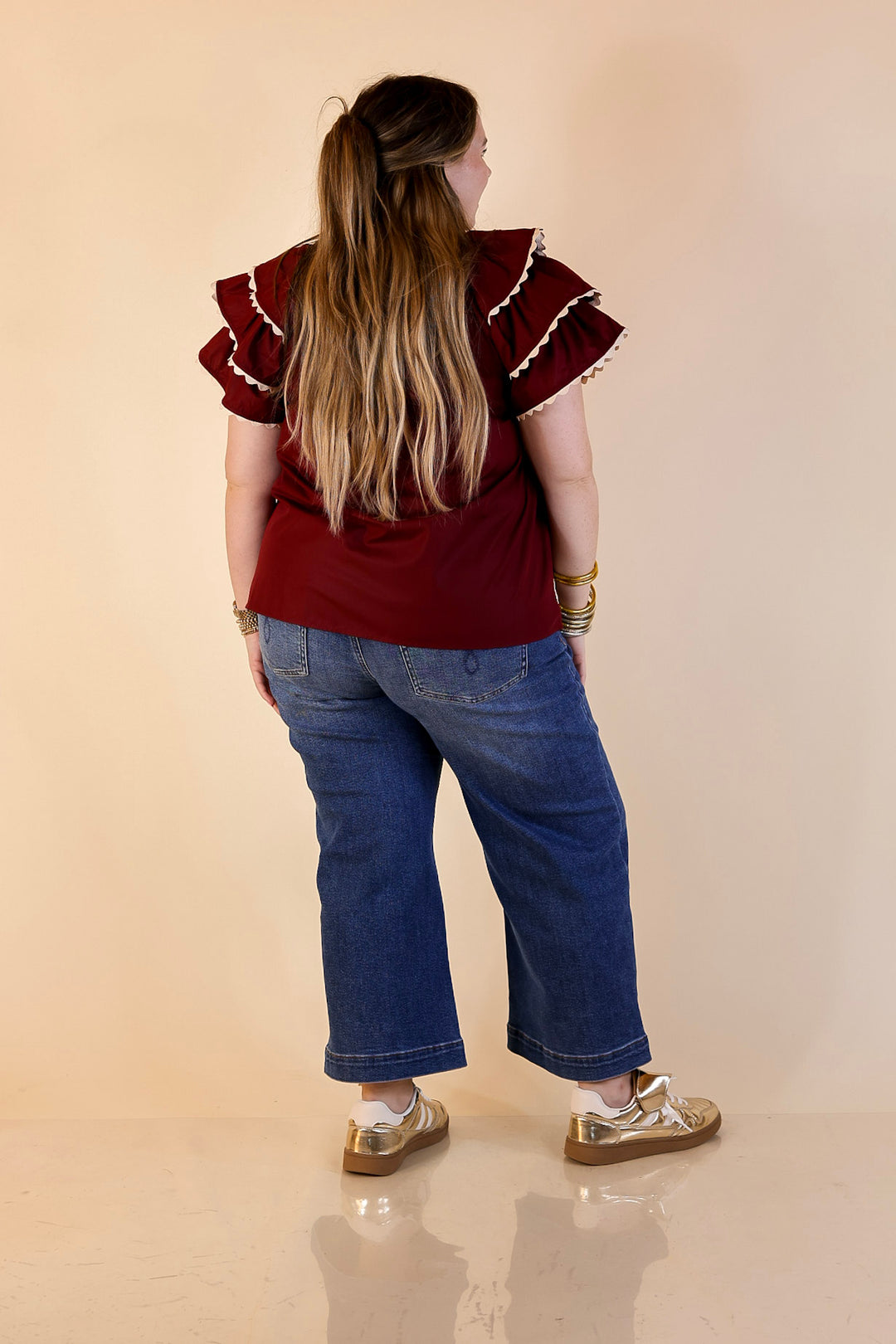 Graceful Details Embroidered Short Sleeve Top with Layered Flutter Sleeves in Maroon