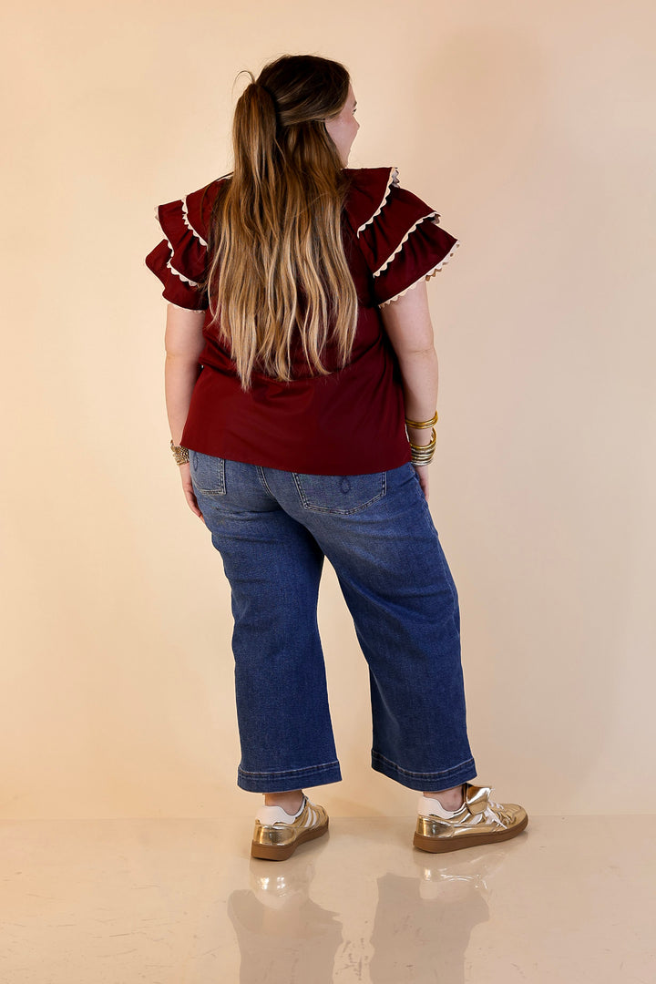 Graceful Details Embroidered Short Sleeve Top with Layered Flutter Sleeves in Maroon