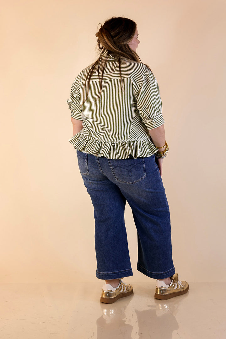Style Agenda Striped Button Down Collared Top with Ruffle Peplum in Olive Green