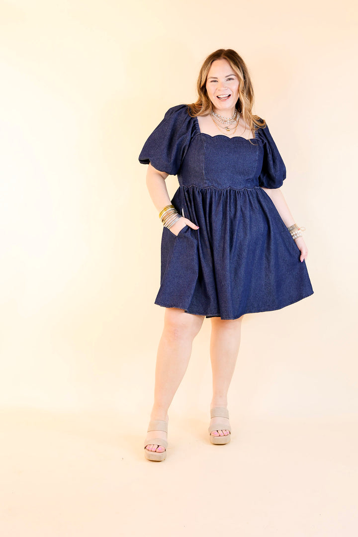 Southern Belle Short Puff Sleeve Denim Dress with Scalloped Square Neckline in Dark Wash