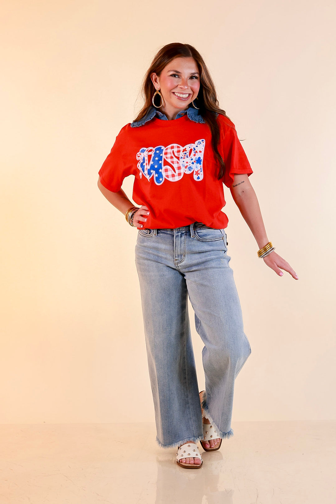 Sweet Land of Style USA Coquette Short Sleeve Graphic Tee with Bow Detailing in Red