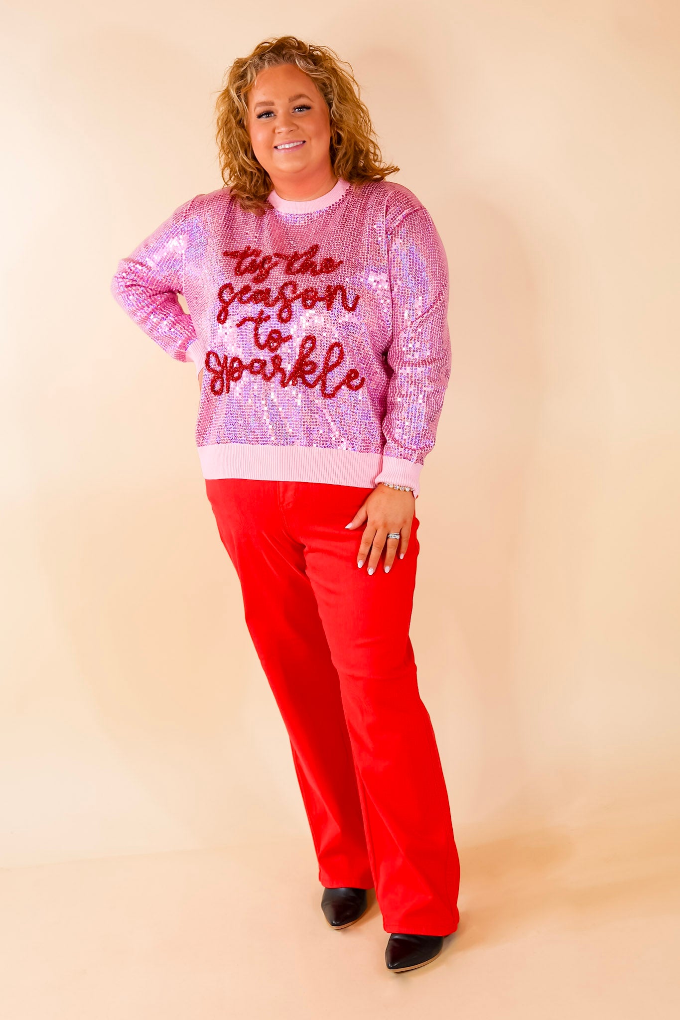 Queen Of Sparkles | 'Tis The Season To Sparkle Sequin Graphic Sweater in Pink - Giddy Up Glamour Boutique