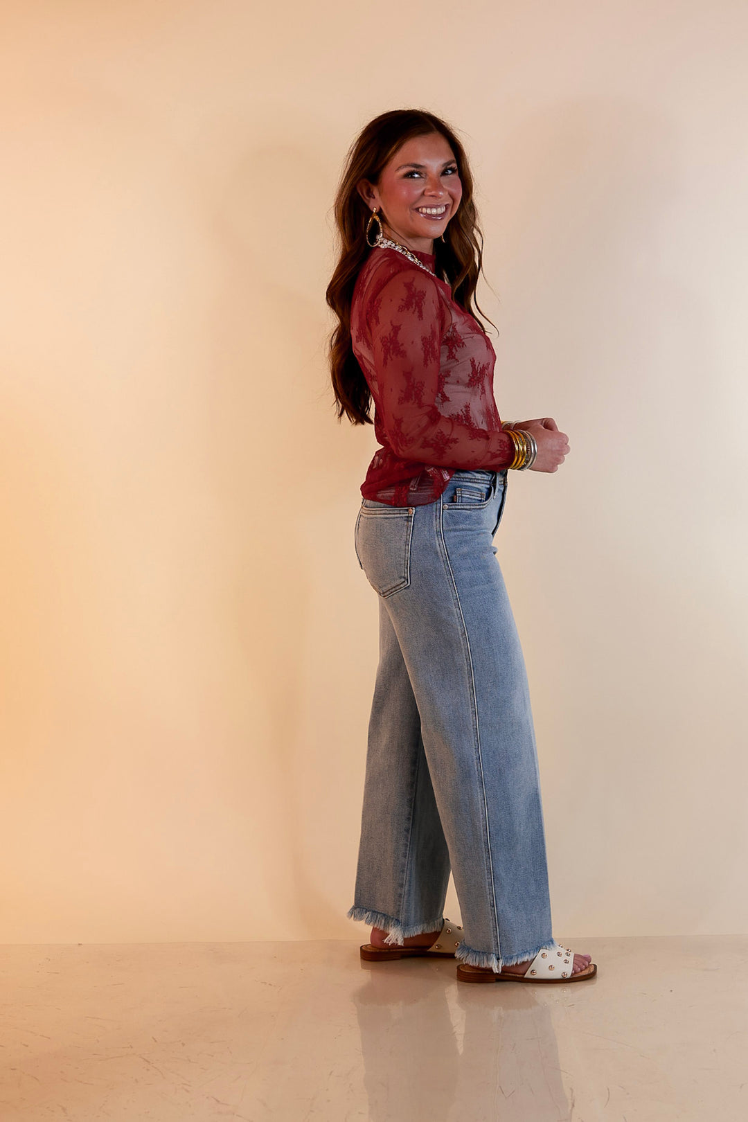 Delicate Charm Long Sleeve Sheer Lace Top with Mock Neck in Maroon