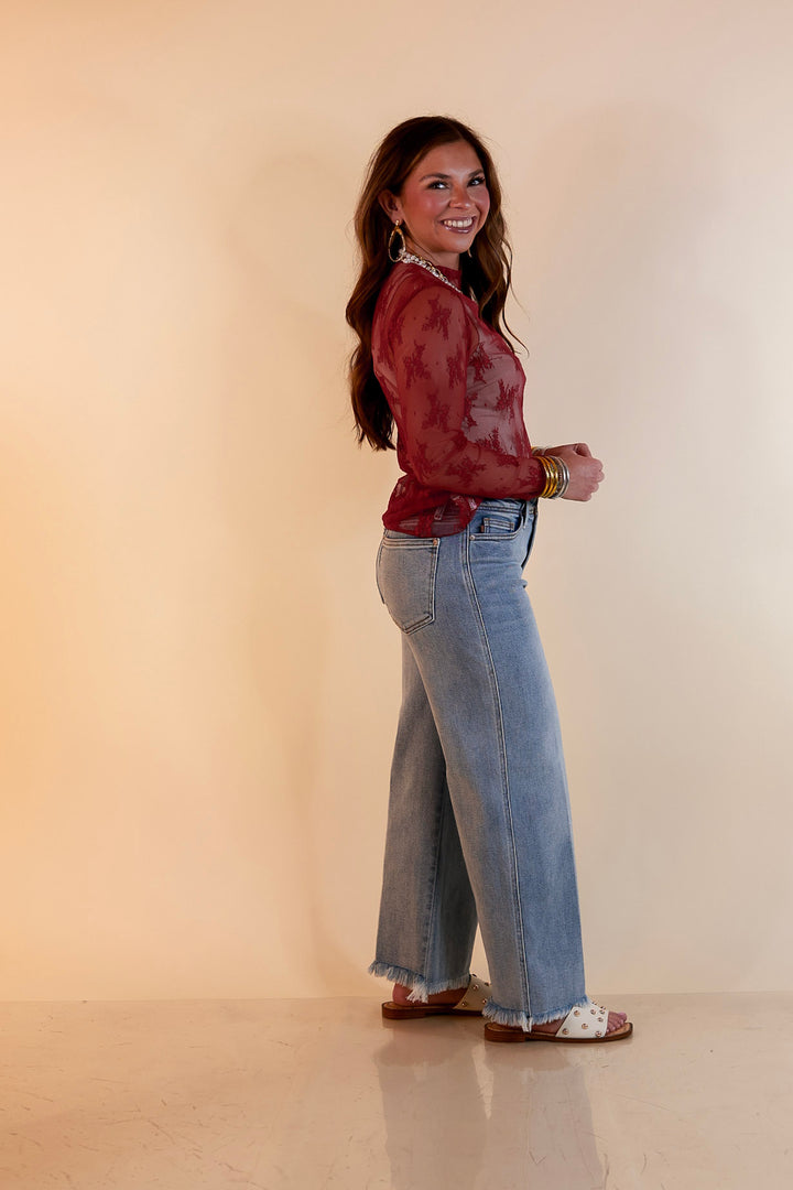 Delicate Charm Long Sleeve Sheer Lace Top with Mock Neck in Maroon