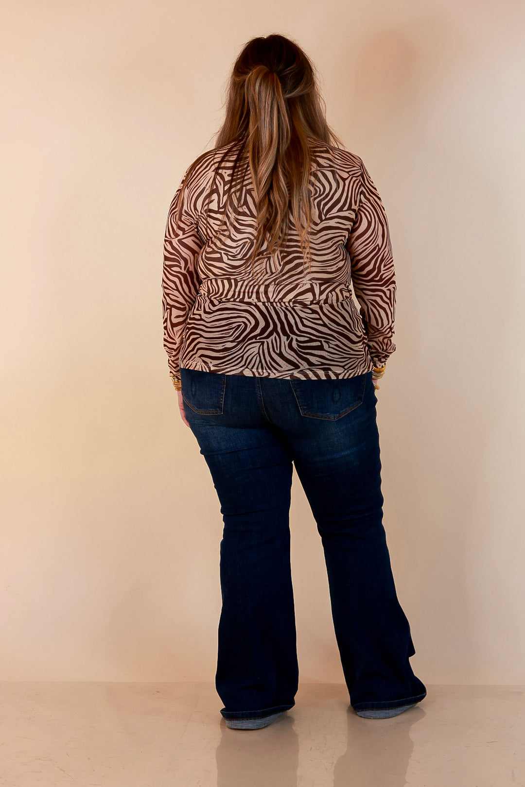 The Perfect Layer Zebra Print Sheer Mesh Long Sleeve Top in Chocolate Brown and Ivory