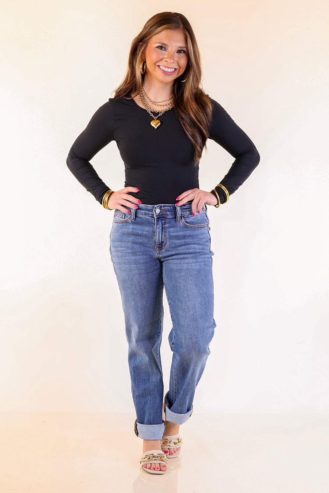 Judy Blue | Simple Sophistication Classic Cuffed Boyfriend Denim Jeans in Medium Wash