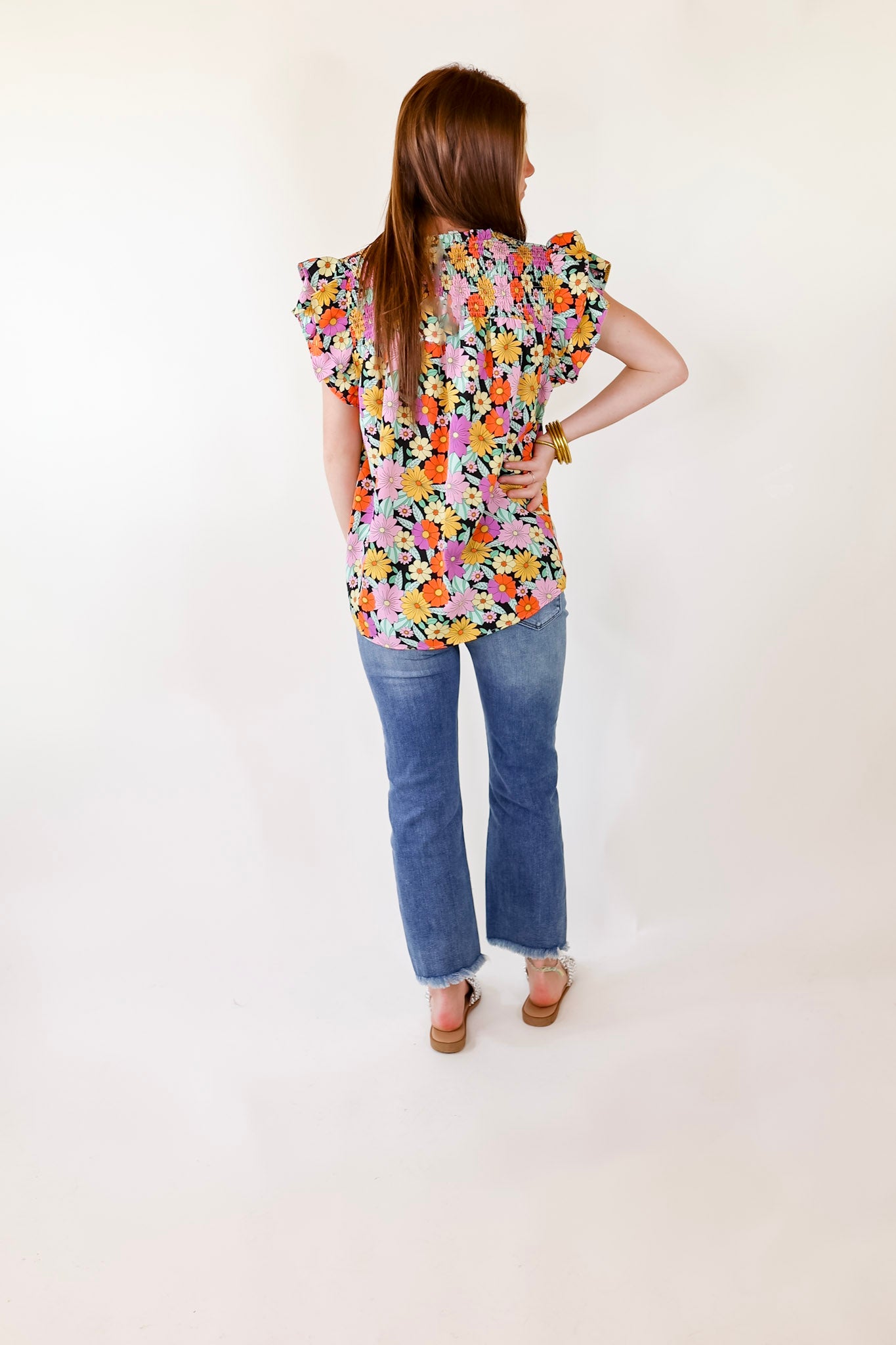 Pretty Days Floral Notched Neckline Top in Black - Giddy Up Glamour Boutique