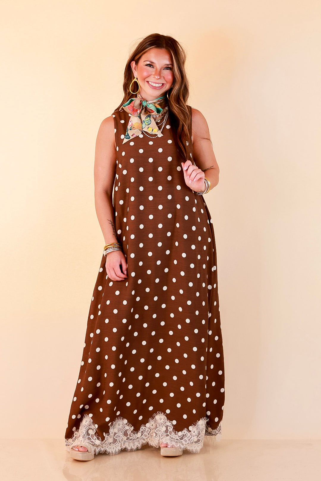 Sweet Little Something Polka Dot Sleeveless Maxi Dress with Lace Trim in Chocolate Brown