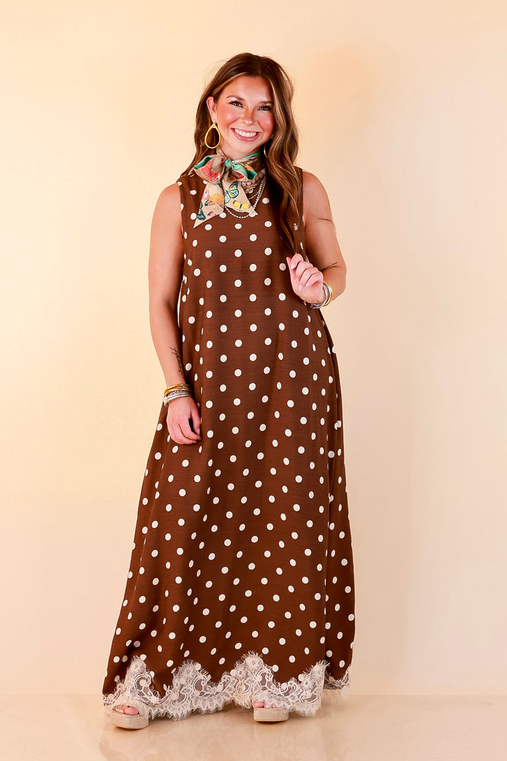 Sweet Little Something Polka Dot Sleeveless Maxi Dress with Lace Trim in Chocolate Brown