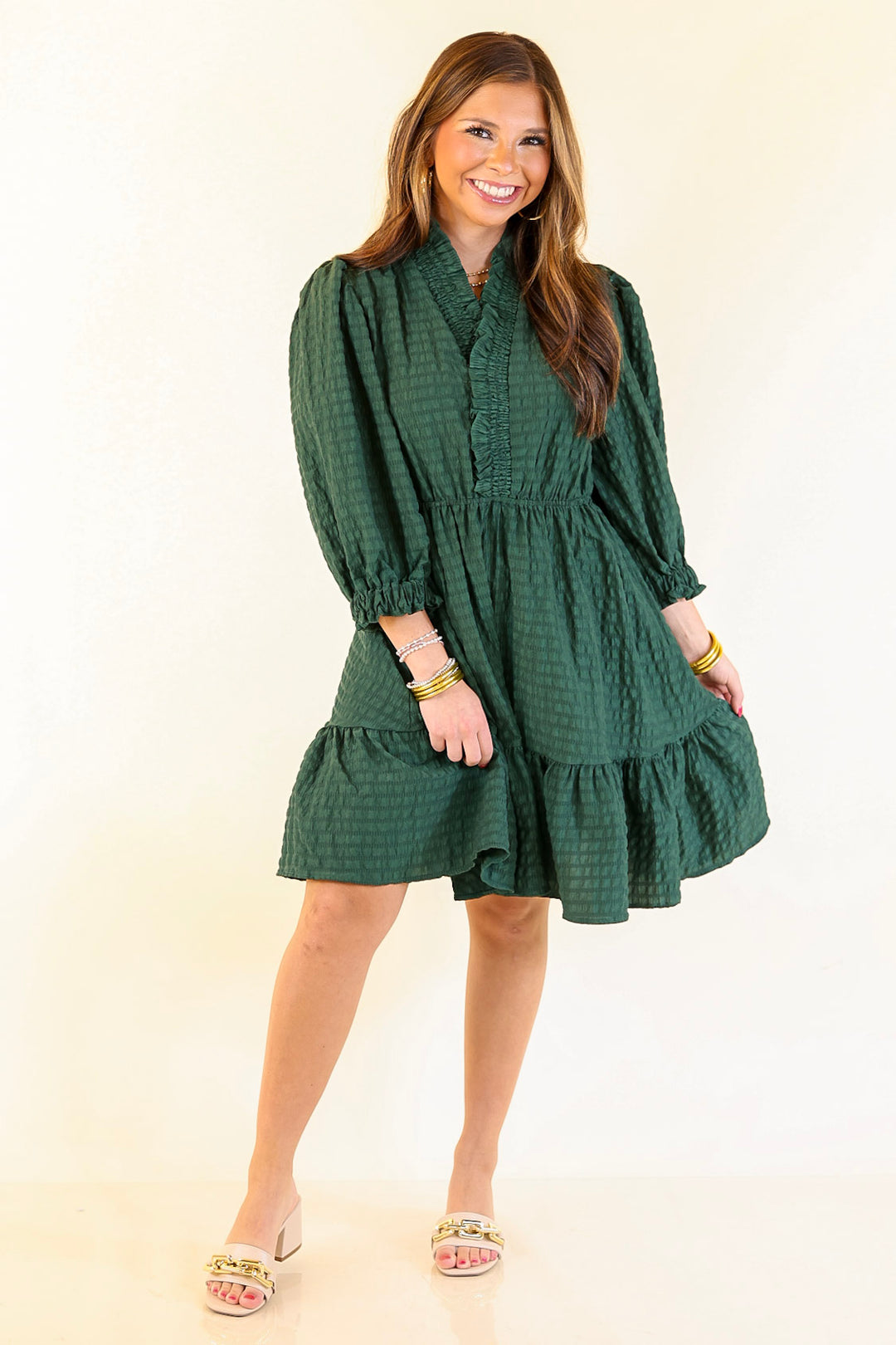Call Me Captivating Dress with Smocked Waist and Long Sleeves Sleeves in Emerald Green