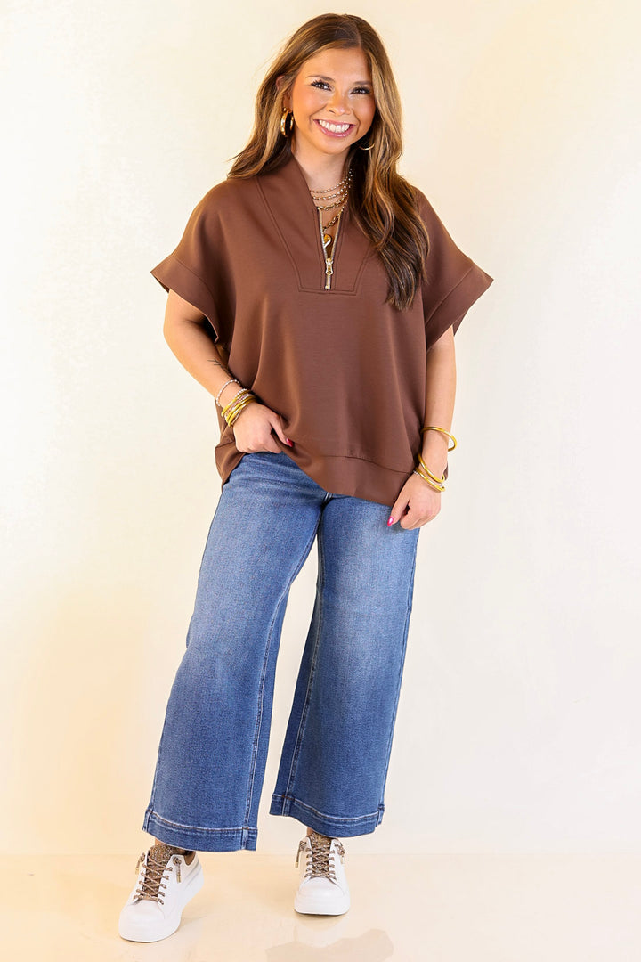 Top Priority Half Zip Collared Scuba Top in Chocolate Brown