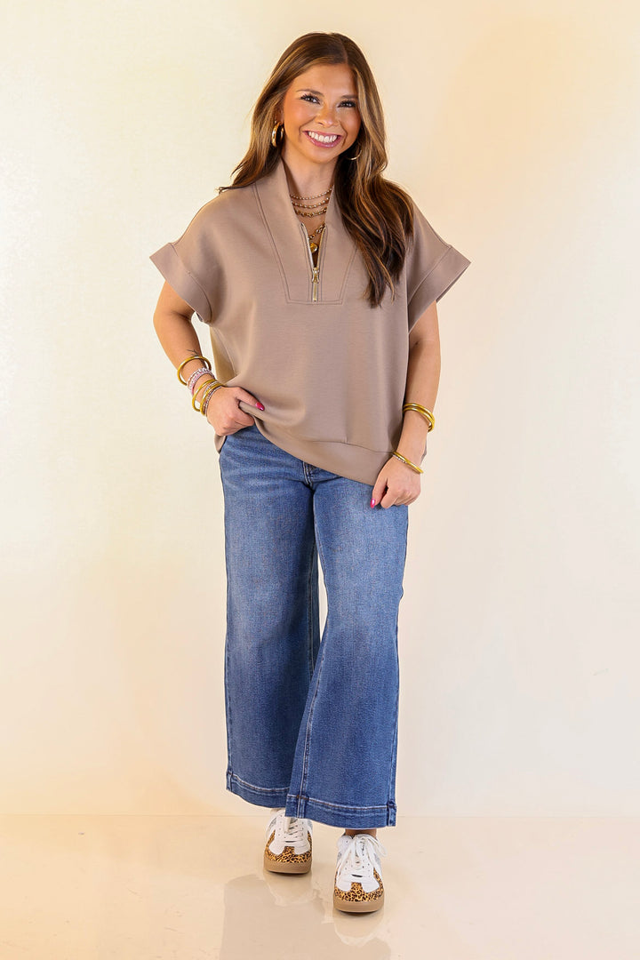 Top Priority Half Zip Collared Scuba Top in Light Taupe