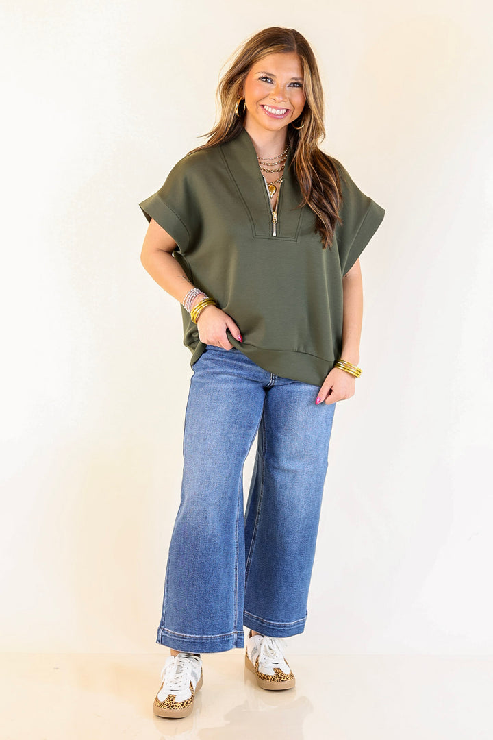 Top Priority Half Zip Collared Scuba Top in Olive Green