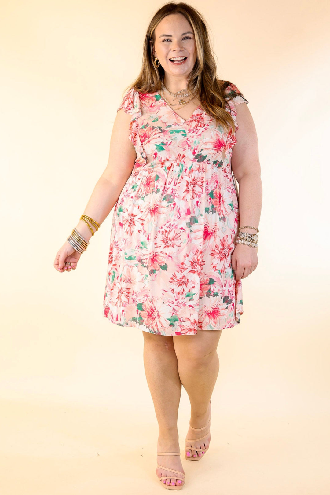 Sunshine On My Mind Floral Ruffle Cap Sleeve Dress in Pink