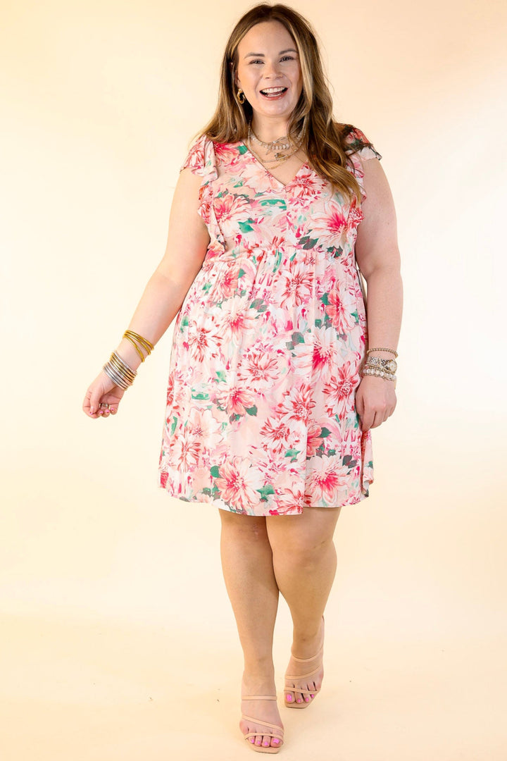 Sunshine On My Mind Floral Ruffle Cap Sleeve Dress in Pink