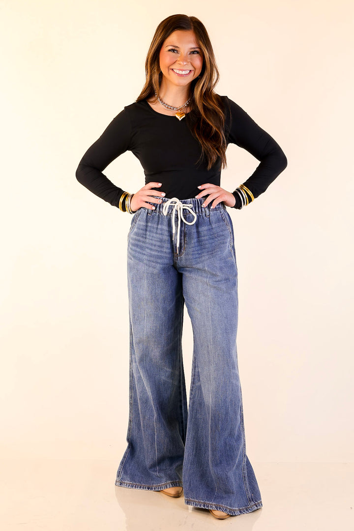 Judy Blue | Made to Move Wide Leg Palazzo Featherweight Elastic Waistband Jeans in Dark Wash