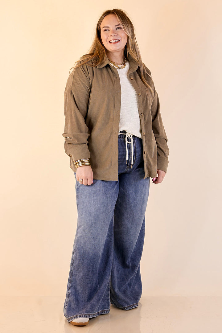Captivating Cuteness Corduroy Button Up Shacket in Olive Green