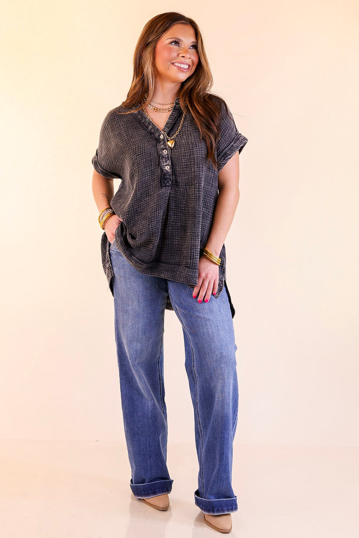 Simple Statement Quarter Button Up Short Drop Sleeve Shirt in Black