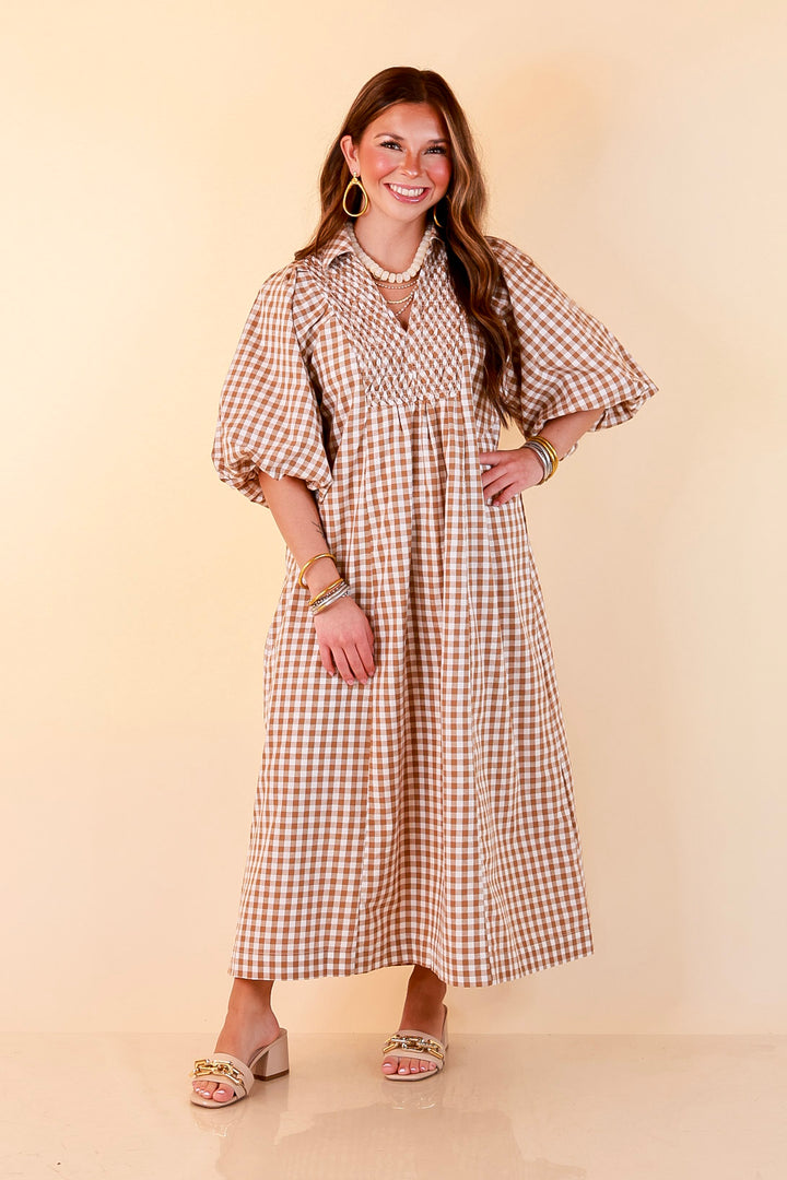 All Eyes on You Smocked Yoke Puff Sleeve Gingham Print Maxi Dress in Camel Brown and Ivory