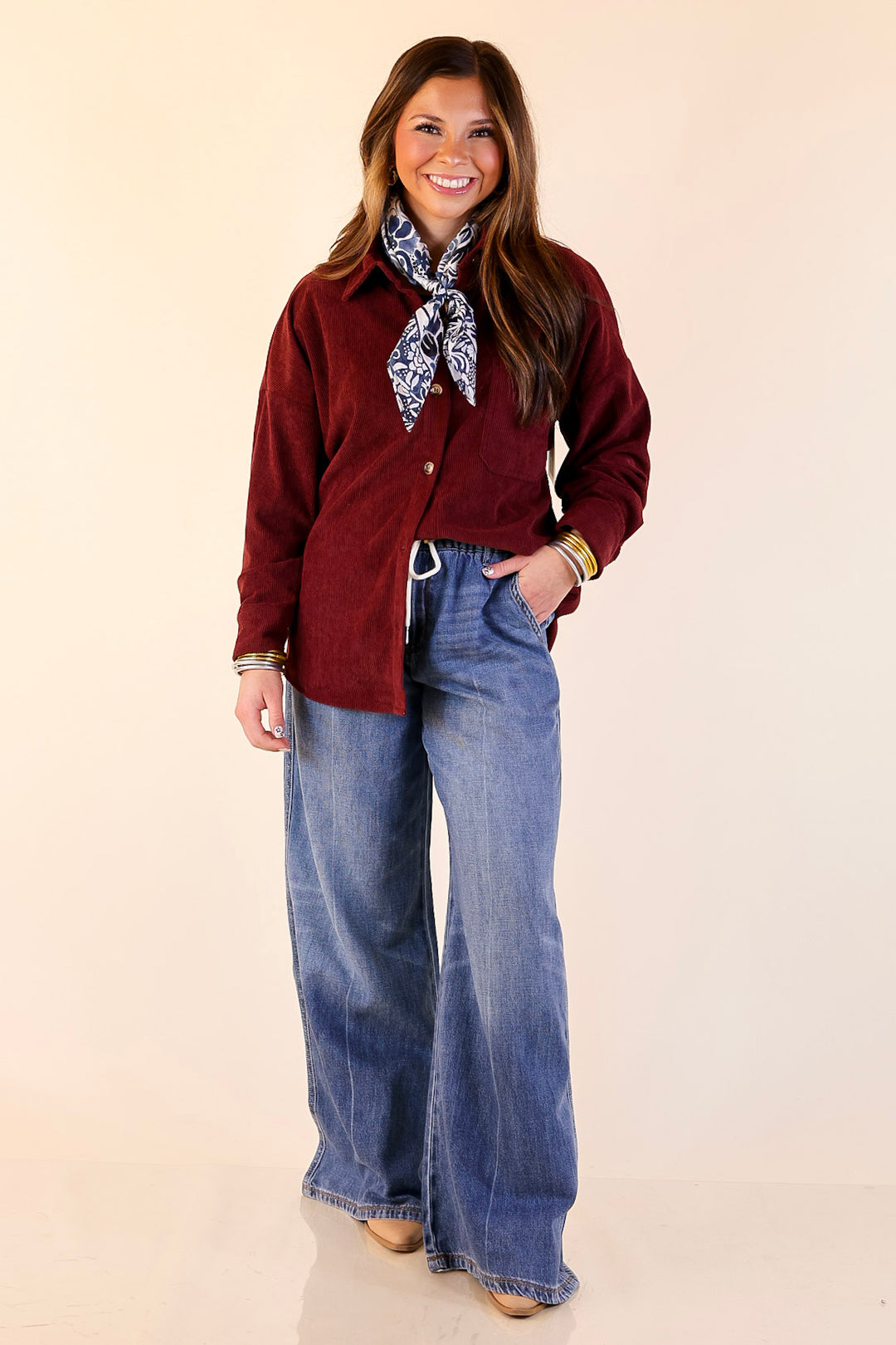 Captivating Cuteness Corduroy Button Up Shacket in Maroon