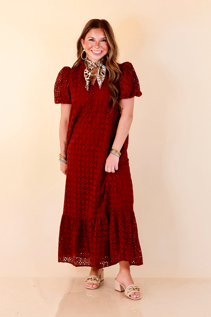 Meet Me at Sunset Eyelet Lace Puff Sleeve Tiered Maxi Dress in Maroon