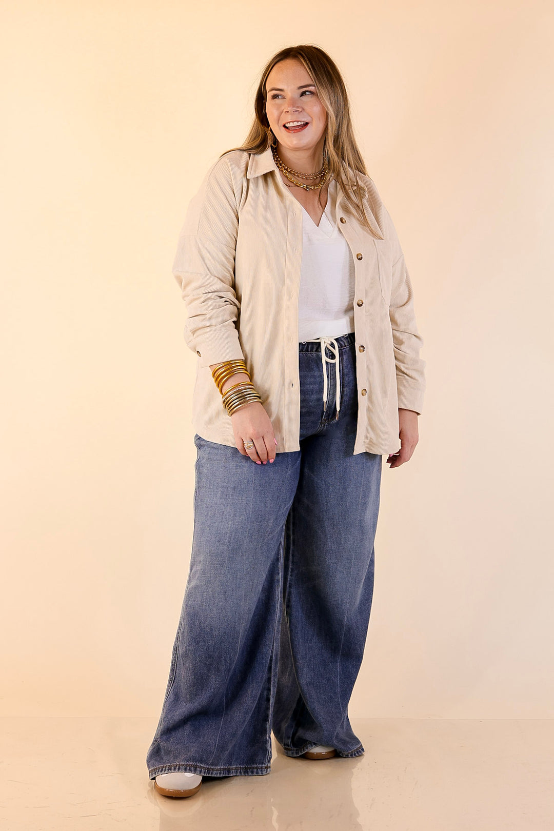 Captivating Cuteness Corduroy Button Up Shacket in Cream