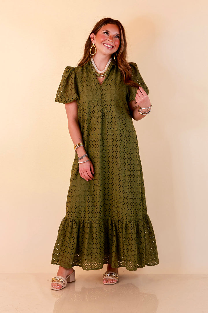 Meet Me at Sunset Eyelet Lace Puff Sleeve Tiered Maxi Dress in Olive Green