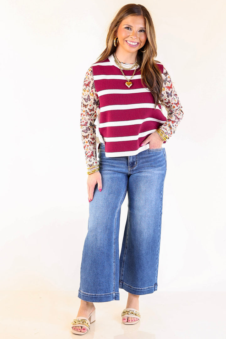 Tied Up in Style Knit Sweater with Side Ties in Maroon with Off White Stripes