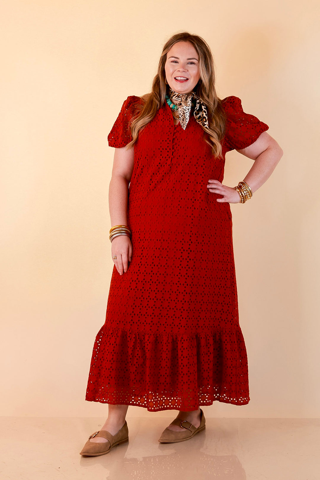 Meet Me at Sunset Eyelet Lace Puff Sleeve Tiered Maxi Dress in Rust Red