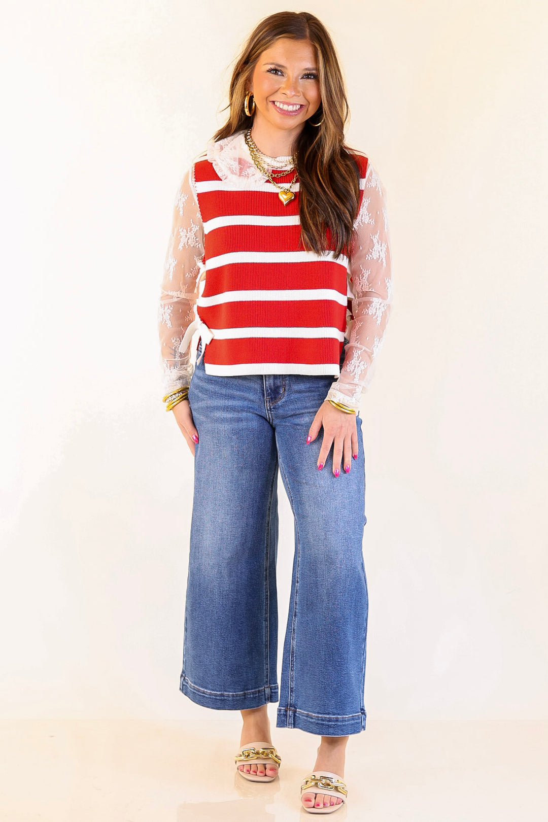 Tied Up in Style Knit Sweater with Side Ties in Red with Off White Stripes