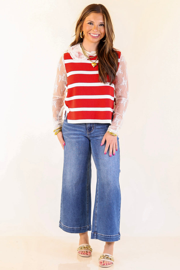 Tied Up in Style Knit Sweater with Side Ties in Red with Off White Stripes