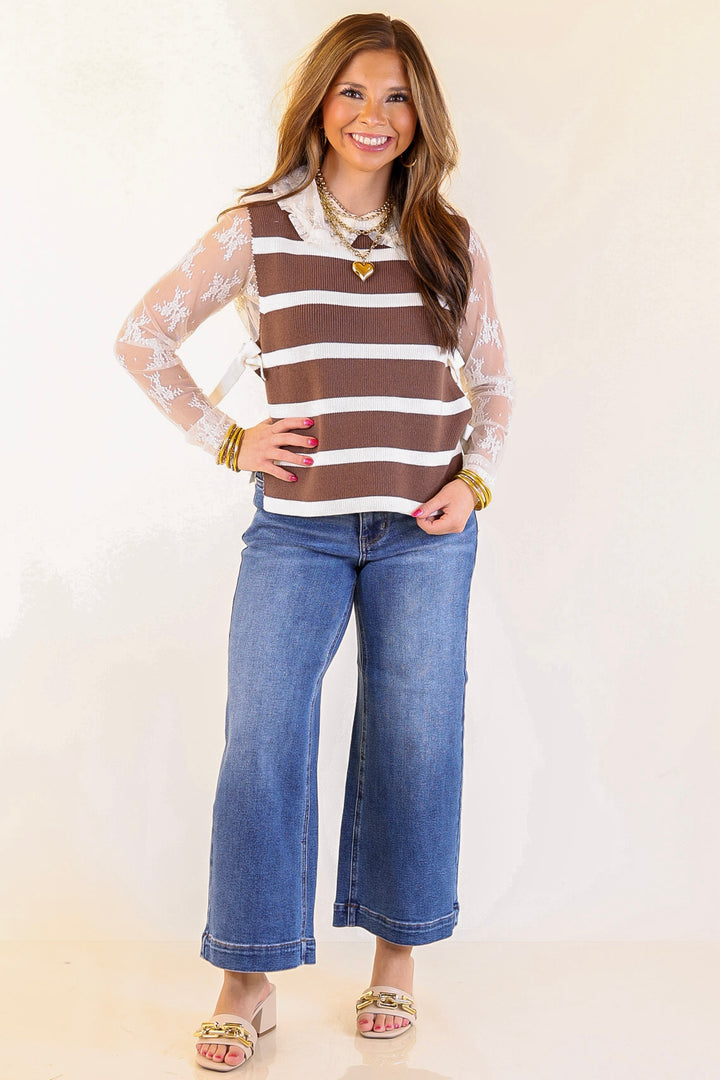 Tied Up in Style Knit Sweater with Side Ties in Chocolate Brown with Off White Stripes