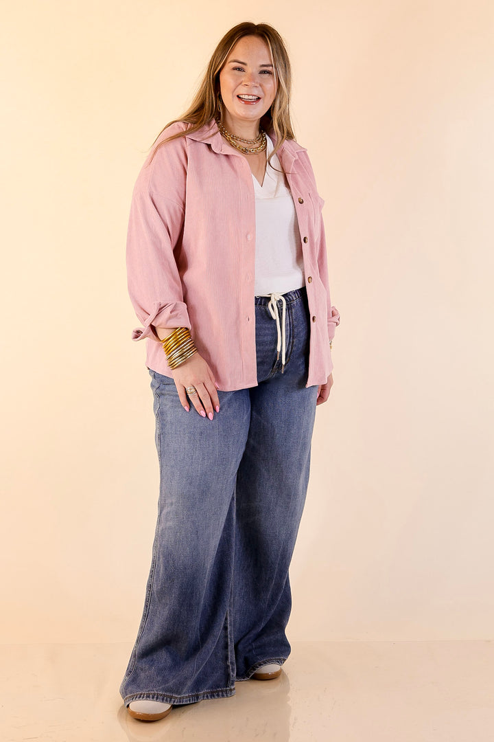 Captivating Cuteness Corduroy Button Up Shacket in Light Pink