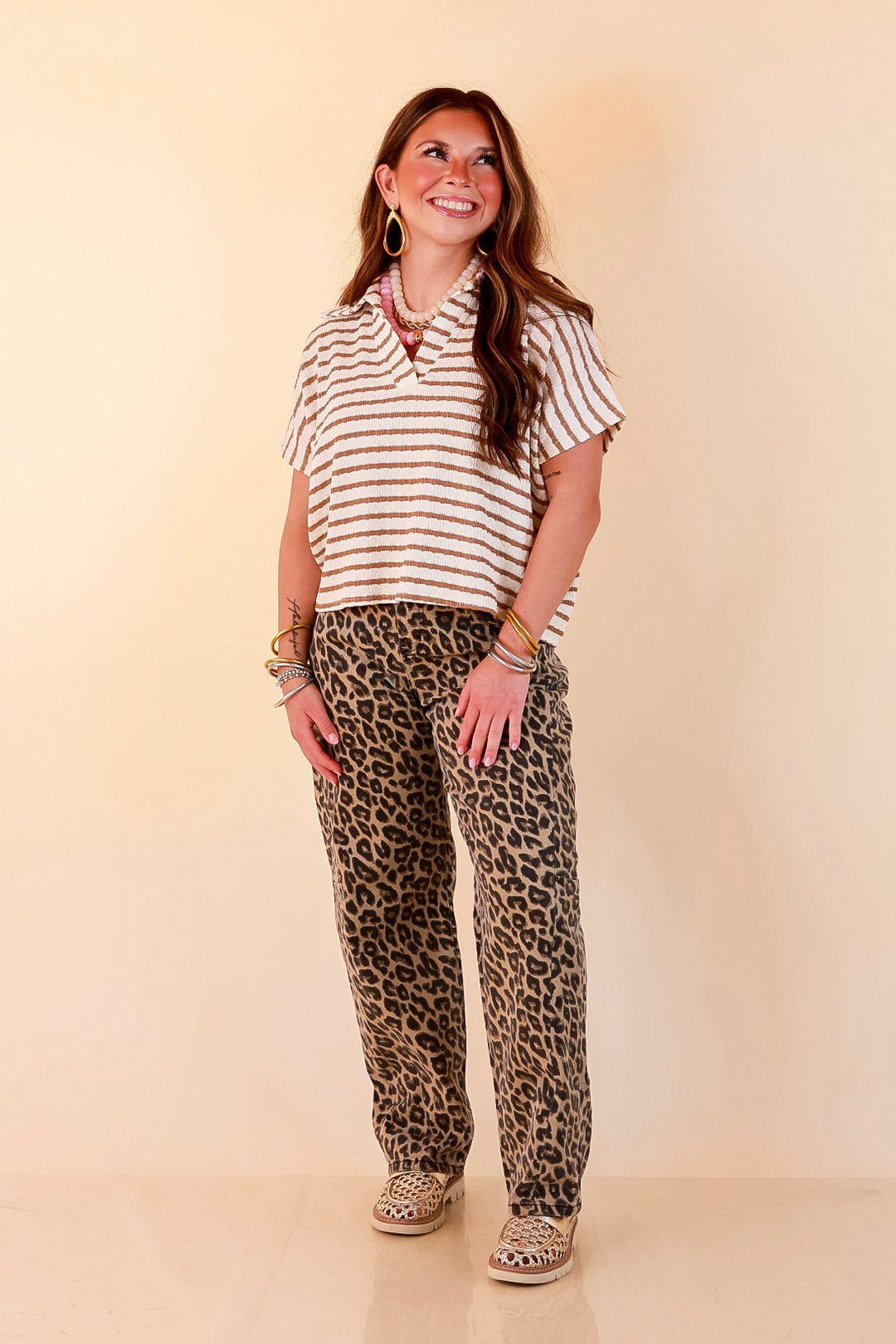 Simply Said Striped Drop Shoulder Collared Cropped Top in Ivory with Camel Brown Stripes