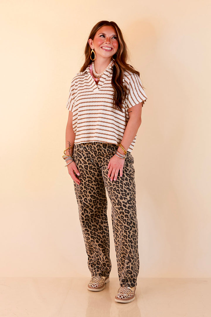 Simply Said Striped Drop Shoulder Collared Cropped Top in Ivory with Camel Brown Stripes