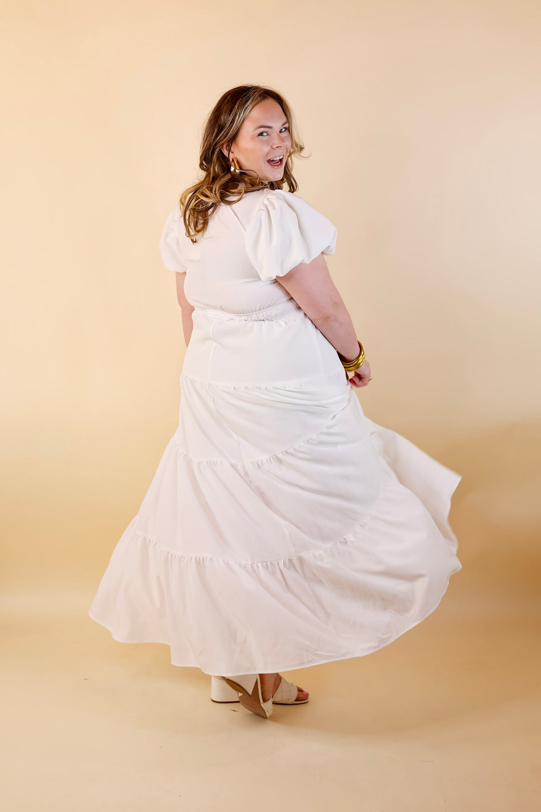 Table for Two Tiered Maxi Dress with Puff Sleeves in White - Giddy Up Glamour Boutique