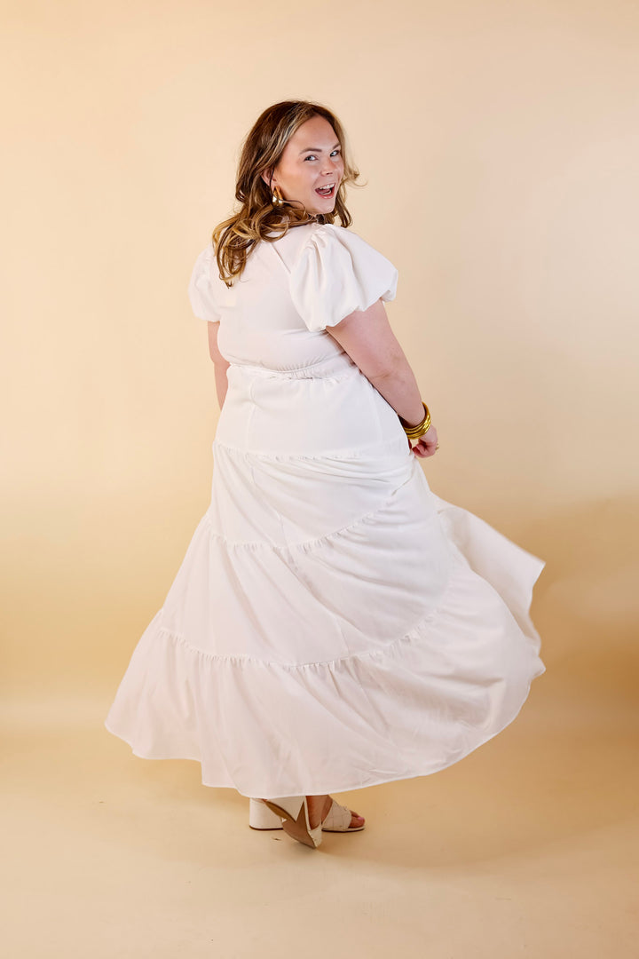 Table for Two Tiered Maxi Dress with Puff Sleeves in White - Giddy Up Glamour Boutique