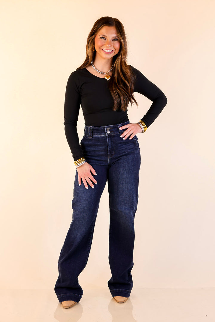 Judy Blue | Set the Standard Double Button Fly Wide Leg Trouser Jean in Dark Wash