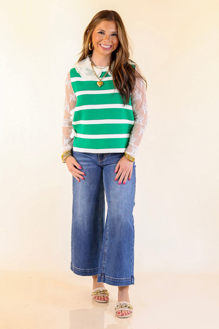 Tied Up in Style Knit Sweater with Side Ties in Kelly Green with Off White Stripes