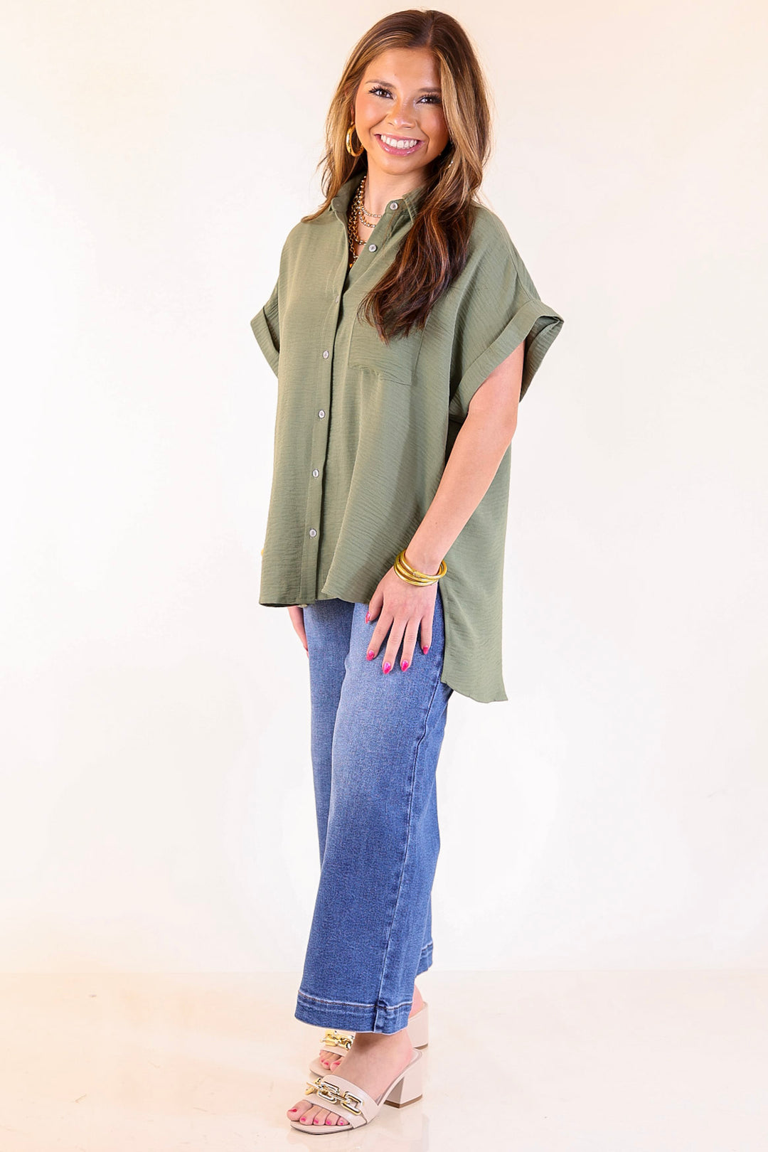 Timeless Appeal Collared Button Up Top in Olive Green