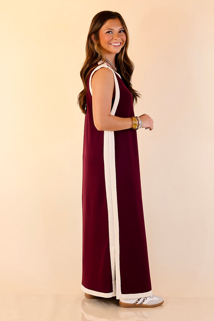 Chic Direction Solid Sleeveless Knit Midi Dress with Ivory Trim in Maroon