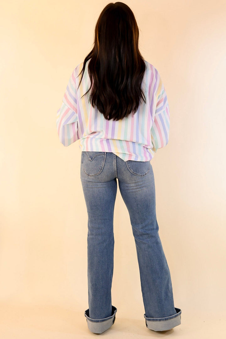 The Cowgirl Way Button Up Pastel Striped Top in White