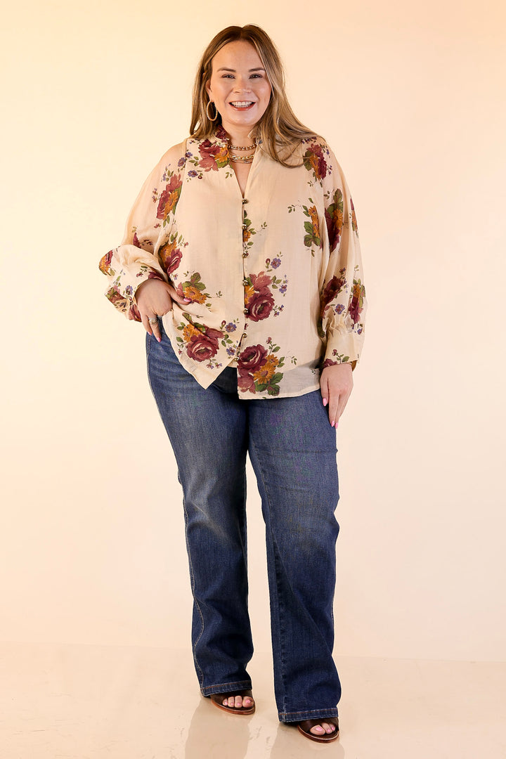 Garden Stroll Floral Long Sleeve Button Down Top in Cream