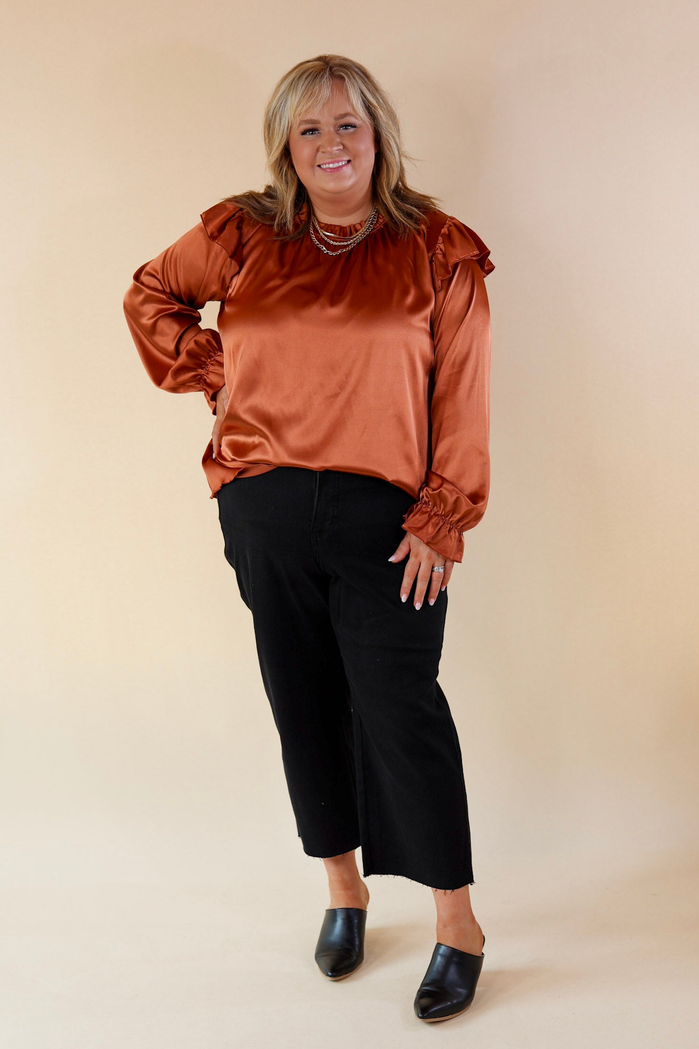 Can't Stop Me Ruffle Mock Neck Long Sleeve Satin Top in Rust Brown