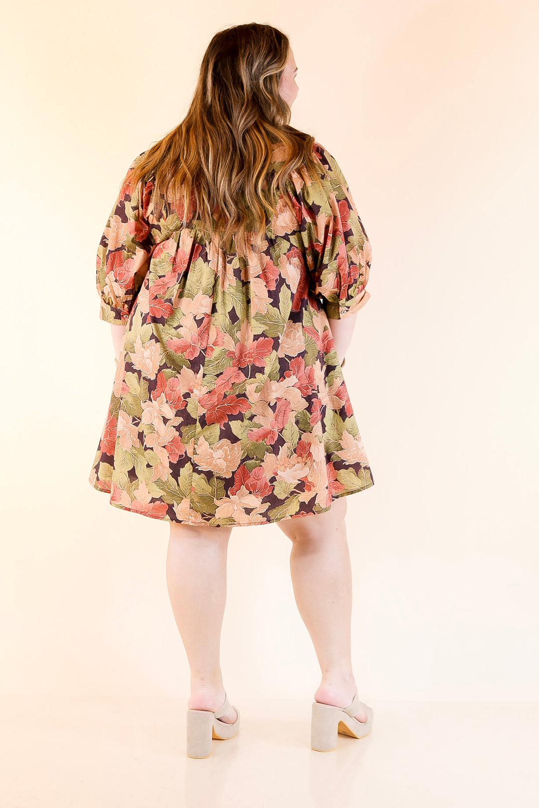 Endless Possibilities Floral Babydoll Dress with Puff Sleeves in Beige, Navy and Rust