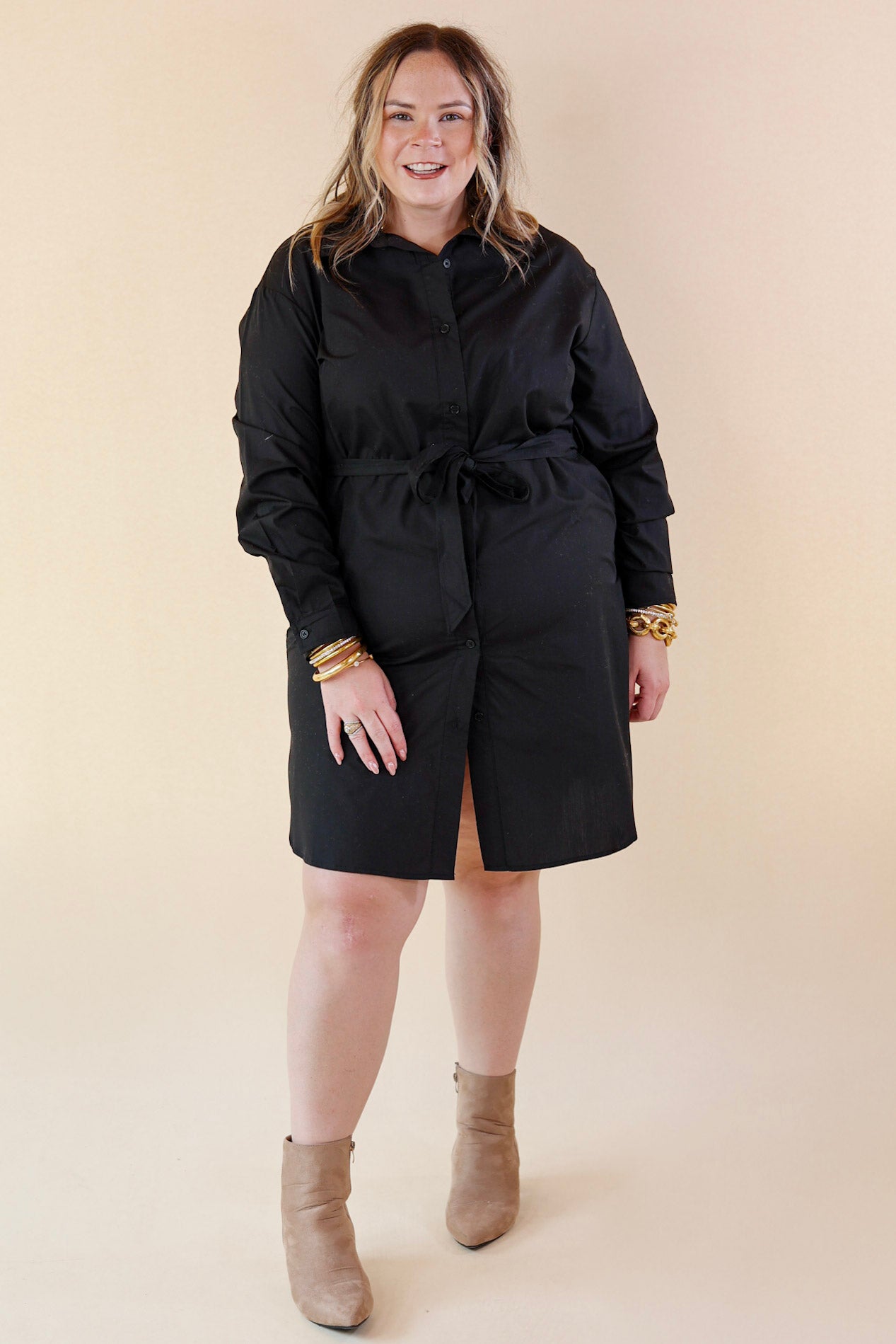 Keeps Getting Better Button Up Dress with Collared Neckline in Black - Giddy Up Glamour Boutique