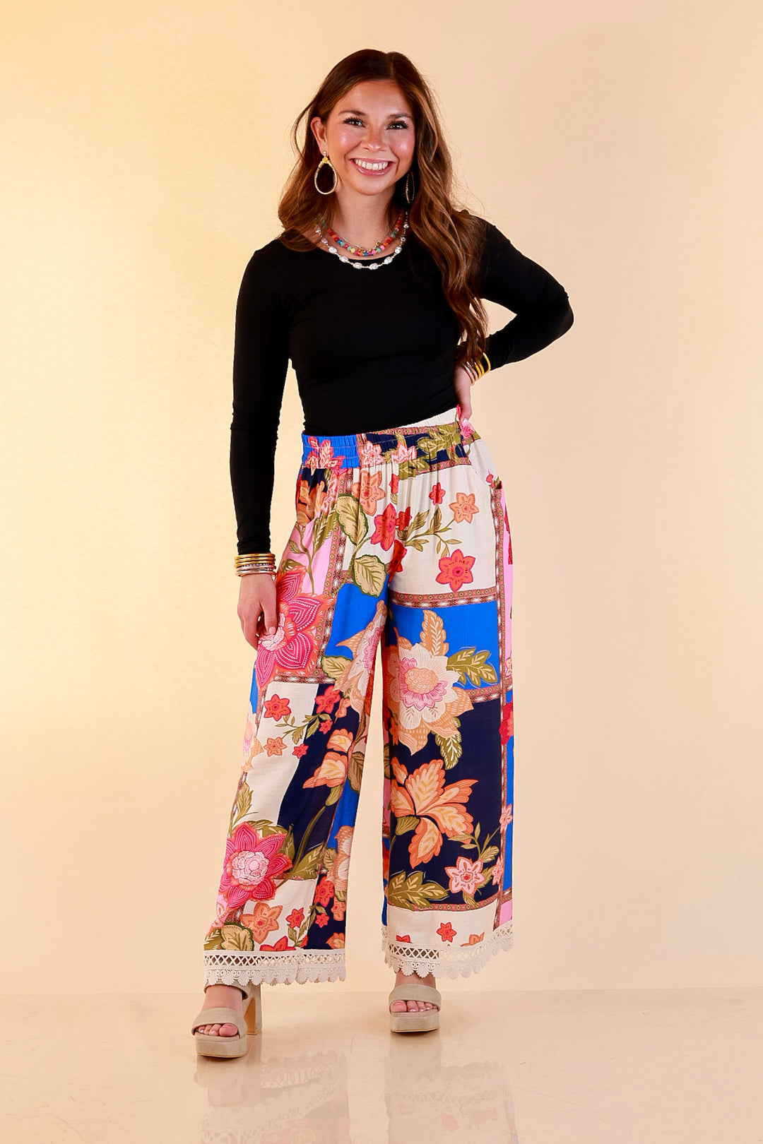 Patchwork Flair Floral Patchwork Print Wide Leg Pants with Lace Trim in Blue Mix