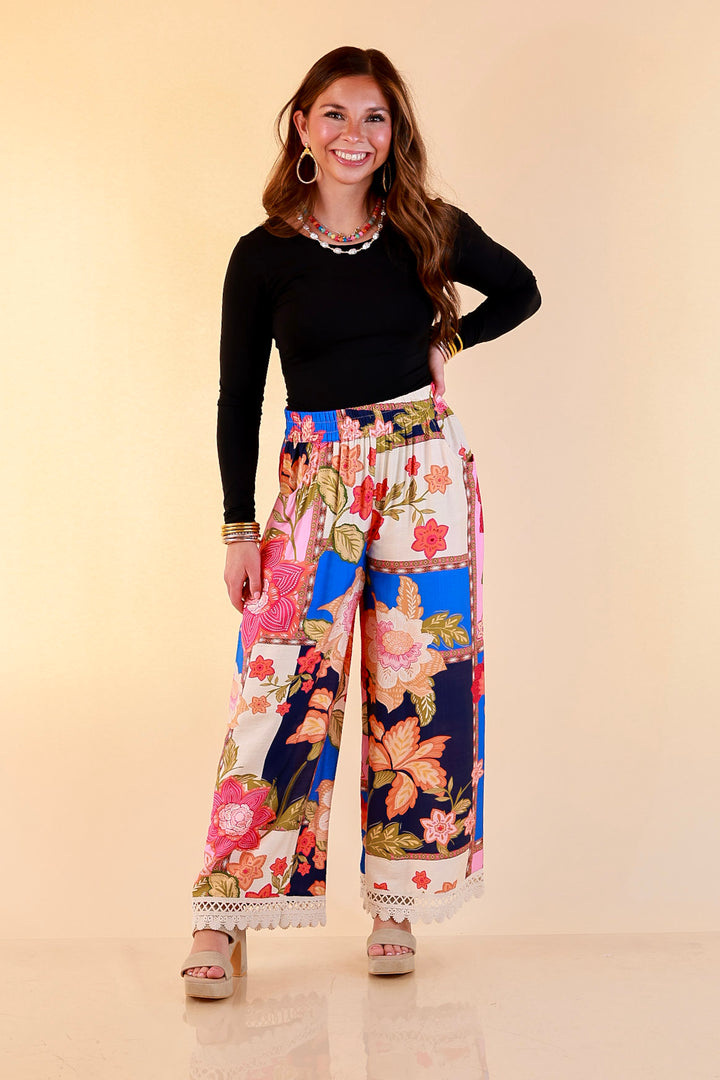 Patchwork Flair Floral Patchwork Print Wide Leg Pants with Lace Trim in Blue Mix